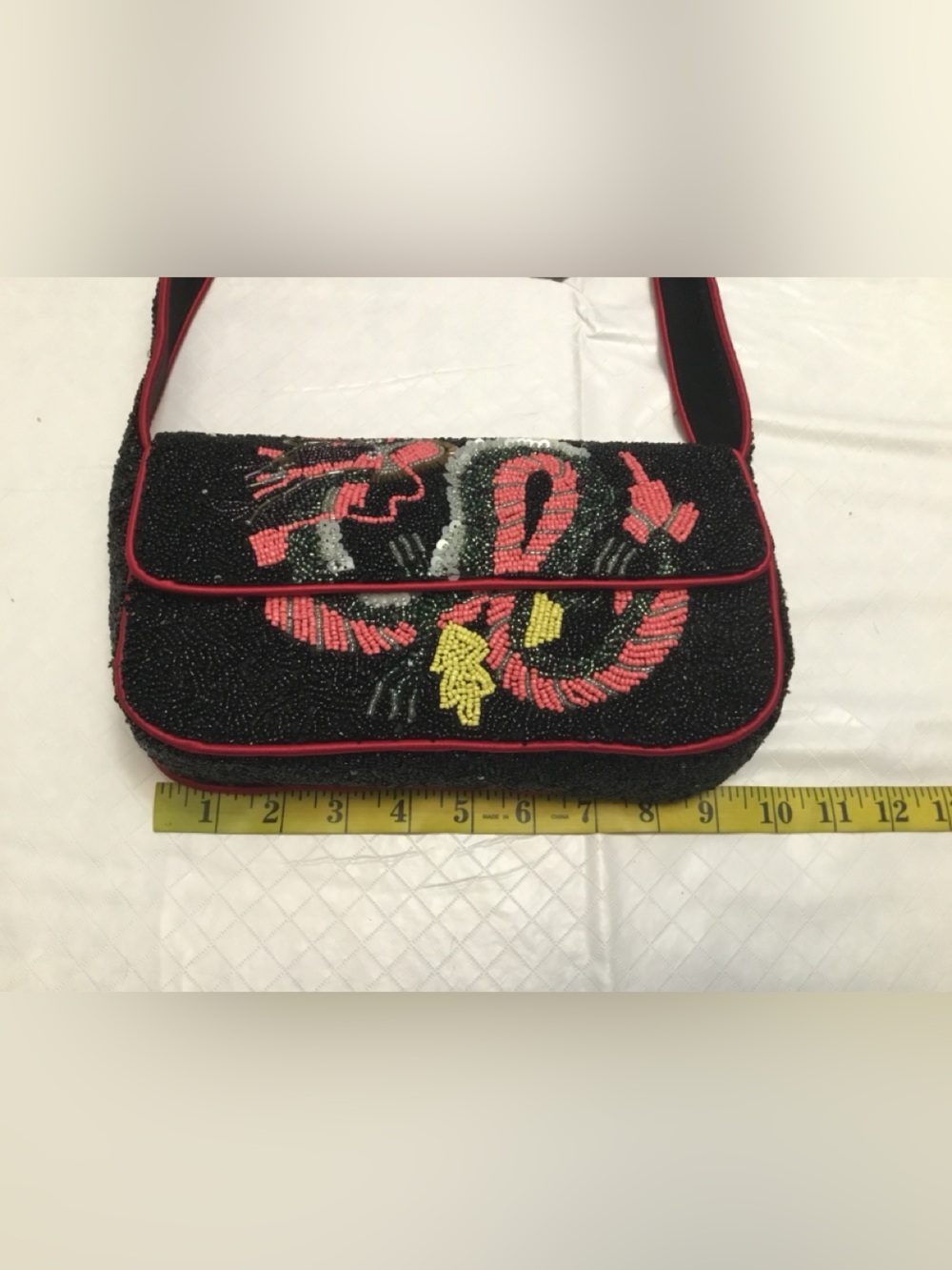 Beaded Black Shoulder Bag with Red Dragon Embroidery NO BRAND - Picture 2 of 15